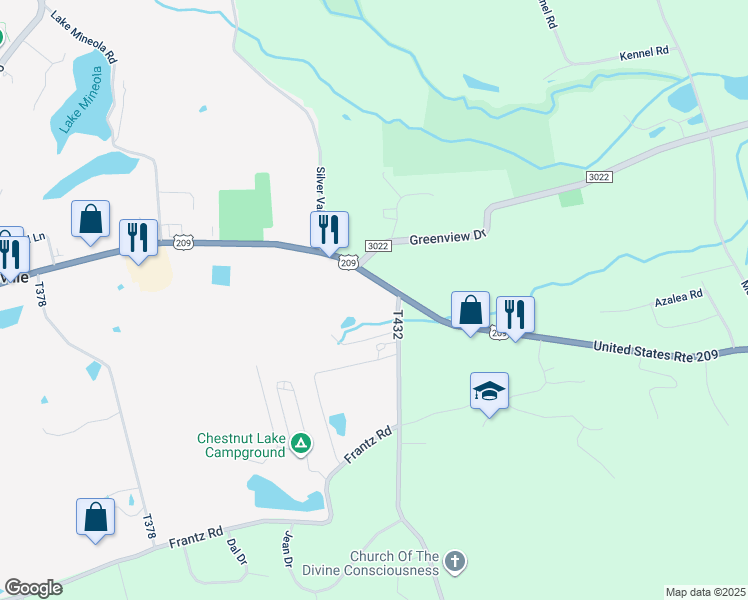 map of restaurants, bars, coffee shops, grocery stores, and more near 1984 U.S. 209 in Brodheadsville