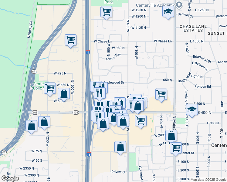 map of restaurants, bars, coffee shops, grocery stores, and more near 551 Applewood Drive in Centerville