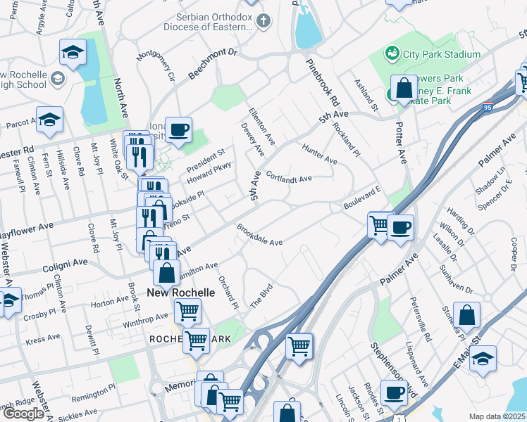 map of restaurants, bars, coffee shops, grocery stores, and more near 12 Slocum Street in New Rochelle
