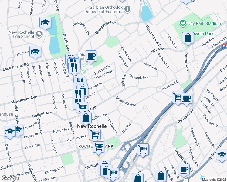 map of restaurants, bars, coffee shops, grocery stores, and more near 14 Bellview Place in New Rochelle