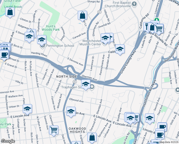 map of restaurants, bars, coffee shops, grocery stores, and more near 445 North Columbus Avenue in Mount Vernon
