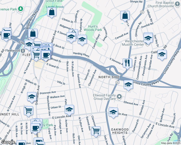 map of restaurants, bars, coffee shops, grocery stores, and more near 31 Central Parkway in Mount Vernon
