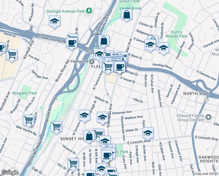 map of restaurants, bars, coffee shops, grocery stores, and more near 6 West Cedar Street in Mount Vernon