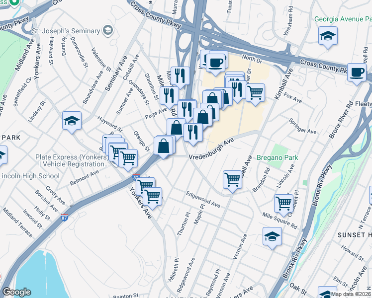 map of restaurants, bars, coffee shops, grocery stores, and more near 18 Mildred Street in Yonkers