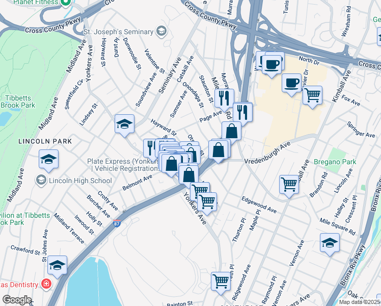 map of restaurants, bars, coffee shops, grocery stores, and more near 44 Otsego Street in Yonkers