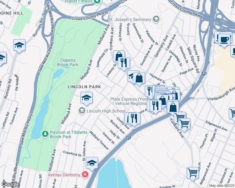 map of restaurants, bars, coffee shops, grocery stores, and more near 369 Saint Johns Avenue in Yonkers