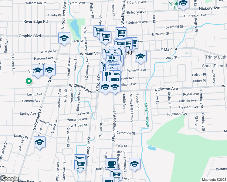 map of restaurants, bars, coffee shops, grocery stores, and more near 89-91 South Washington Avenue in Bergenfield