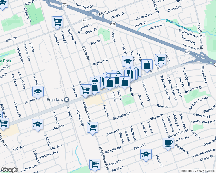 map of restaurants, bars, coffee shops, grocery stores, and more near 1-33 27th Street in Fair Lawn