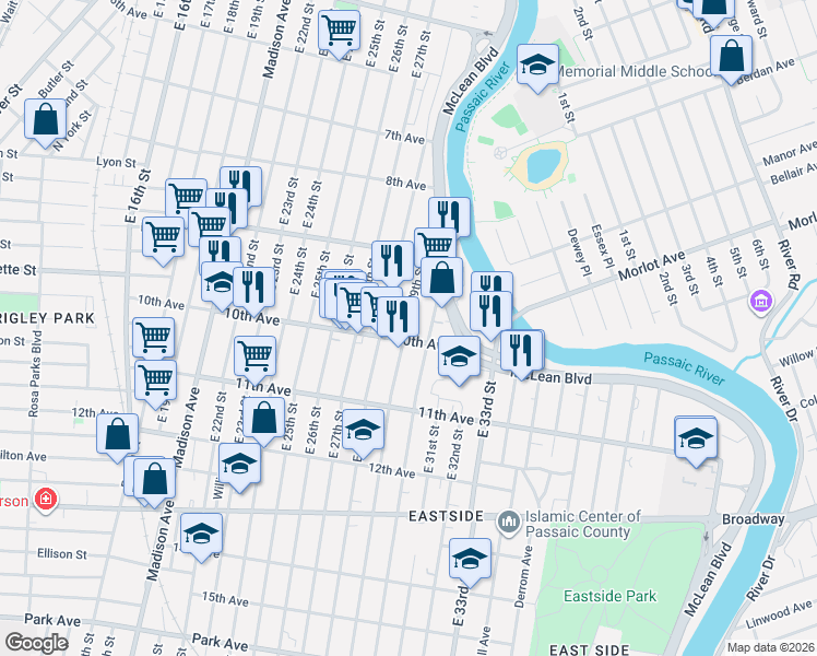map of restaurants, bars, coffee shops, grocery stores, and more near 351 East 28th Street in Paterson