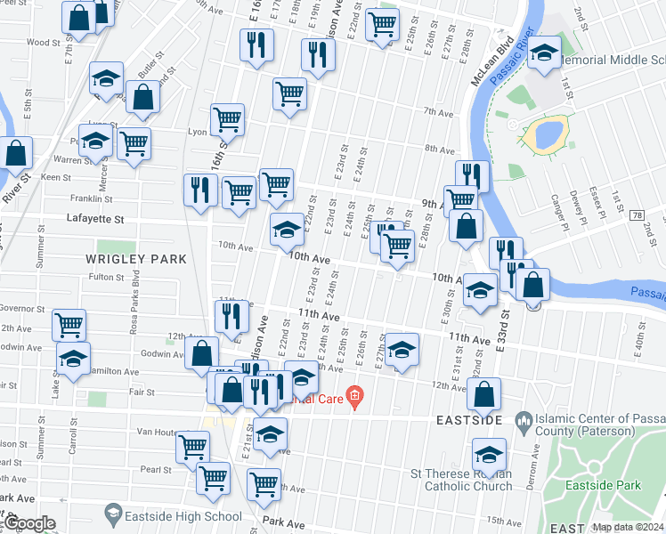 map of restaurants, bars, coffee shops, grocery stores, and more near 461 East 23rd Street in Paterson