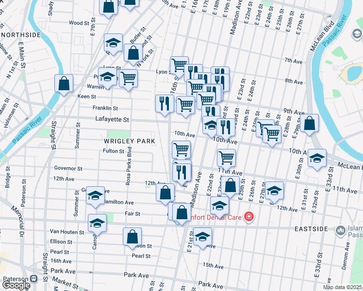 map of restaurants, bars, coffee shops, grocery stores, and more near 456 East 18th Street in Paterson