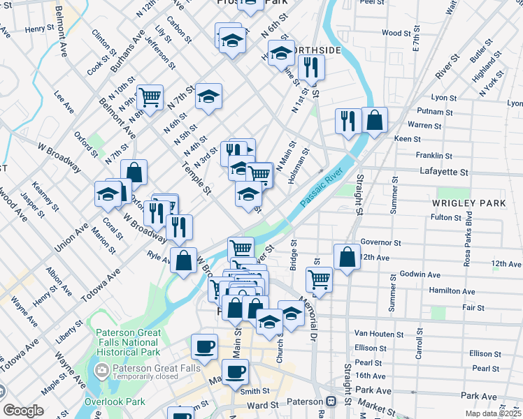 map of restaurants, bars, coffee shops, grocery stores, and more near 41 Arch Street in Paterson