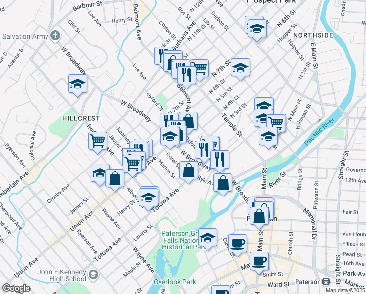 map of restaurants, bars, coffee shops, grocery stores, and more near 54 Oxford Street in Paterson