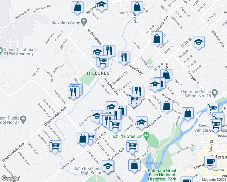map of restaurants, bars, coffee shops, grocery stores, and more near 6 Doremus Street in Paterson