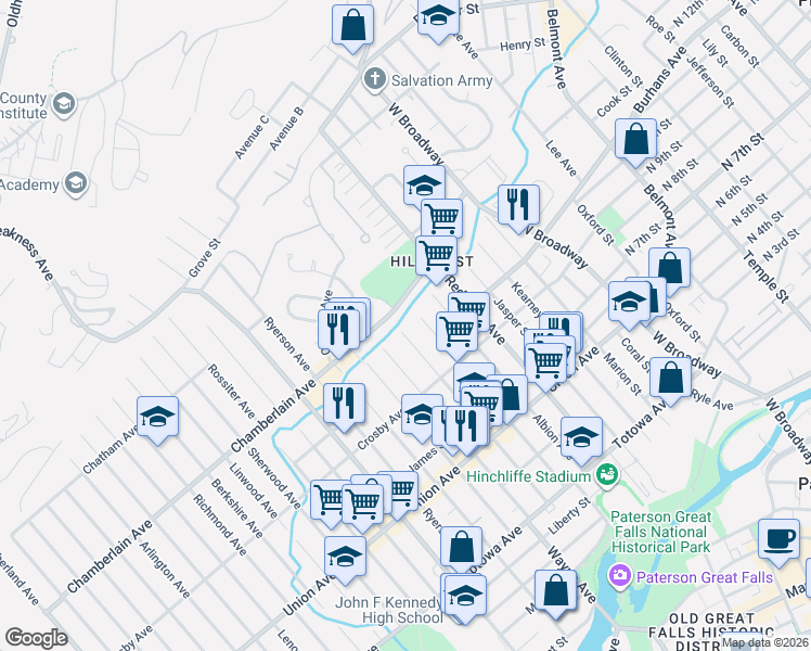 map of restaurants, bars, coffee shops, grocery stores, and more near 396 Chamberlain Avenue in Paterson