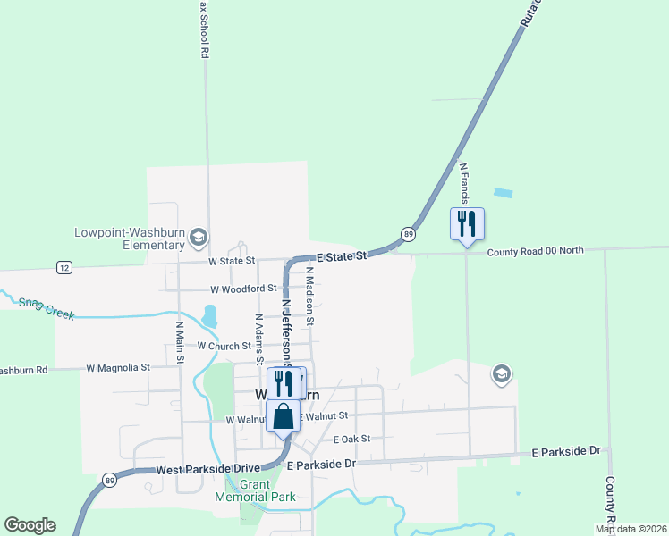 map of restaurants, bars, coffee shops, grocery stores, and more near 224 East State Street in Washburn
