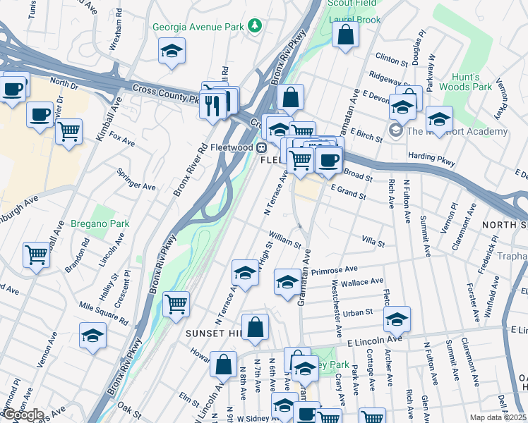 map of restaurants, bars, coffee shops, grocery stores, and more near 622 North Terrace Avenue in Mount Vernon