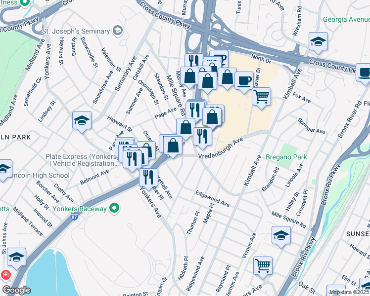 map of restaurants, bars, coffee shops, grocery stores, and more near in Yonkers