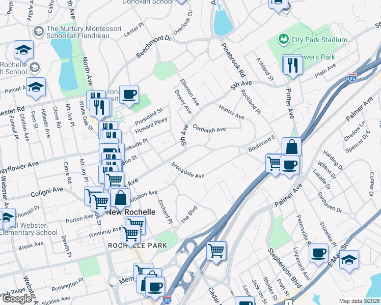 map of restaurants, bars, coffee shops, grocery stores, and more near 12 Slocum Street in New Rochelle