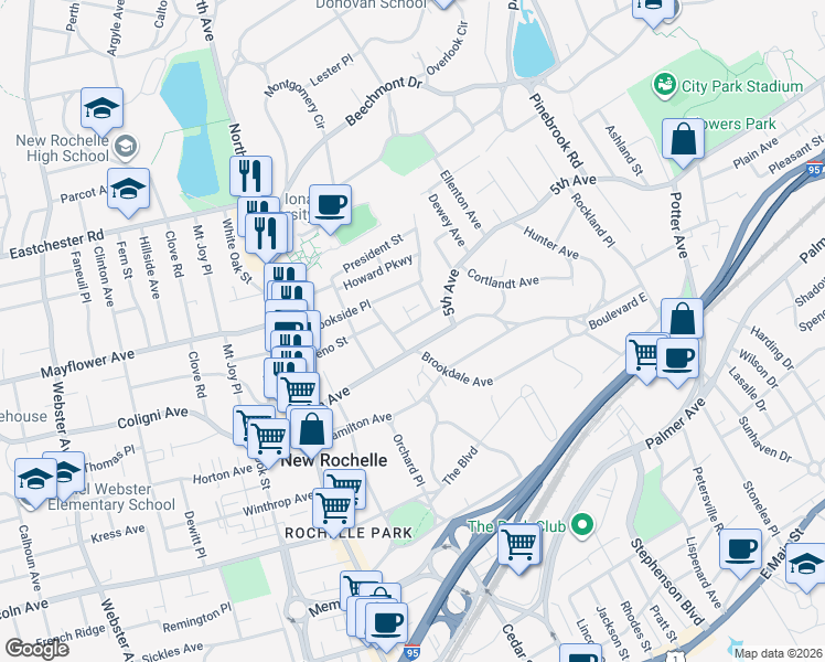 map of restaurants, bars, coffee shops, grocery stores, and more near 14 Bellview Place in New Rochelle