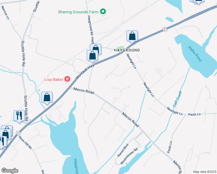 map of restaurants, bars, coffee shops, grocery stores, and more near 120 Swans Neck Lane in Water Mill