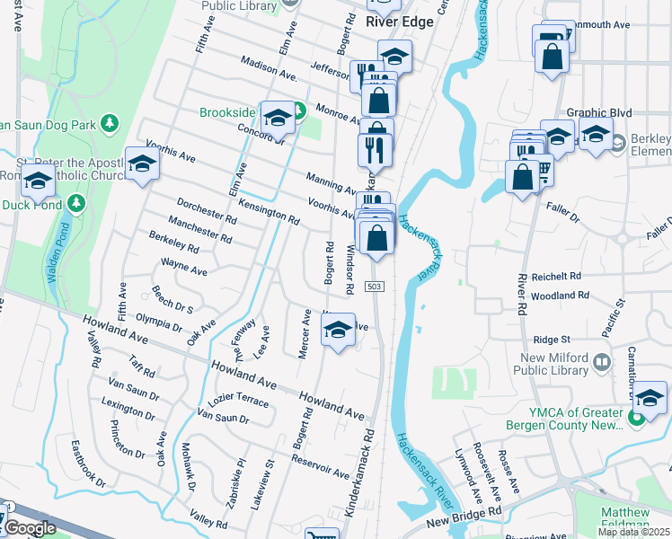 map of restaurants, bars, coffee shops, grocery stores, and more near 474 Bogert Road in River Edge