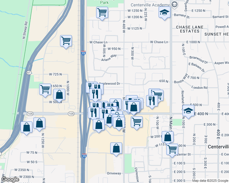 map of restaurants, bars, coffee shops, grocery stores, and more near 493 West 620 North in Centerville