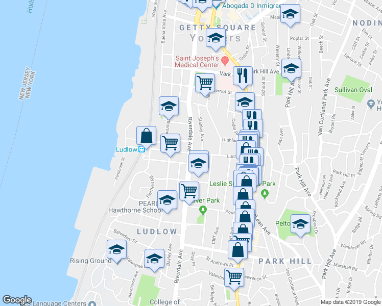 map of restaurants, bars, coffee shops, grocery stores, and more near Ludlow Street in Yonkers
