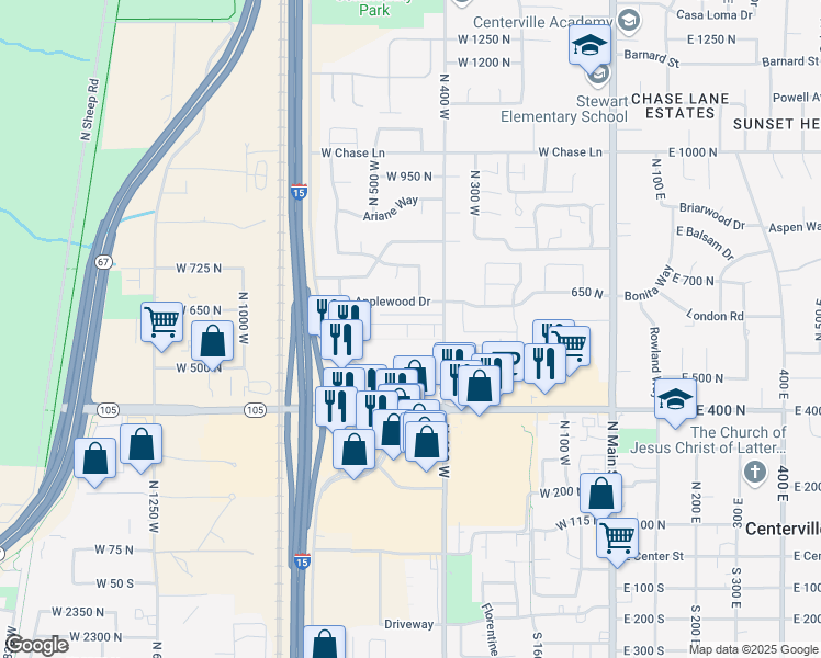 map of restaurants, bars, coffee shops, grocery stores, and more near 493 West 620 North in Centerville