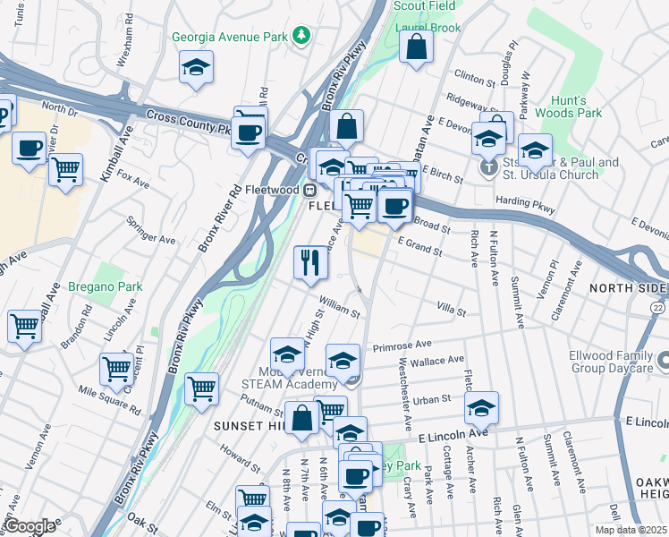 map of restaurants, bars, coffee shops, grocery stores, and more near 631 North Terrace Avenue in Mount Vernon