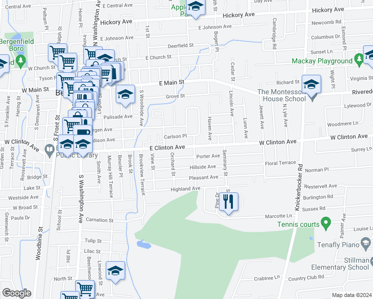 map of restaurants, bars, coffee shops, grocery stores, and more near 200 East Clinton Avenue in Bergenfield