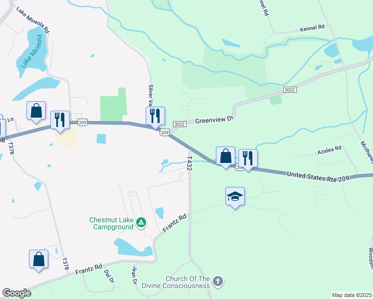 map of restaurants, bars, coffee shops, grocery stores, and more near 1984 U.S. 209 in Brodheadsville