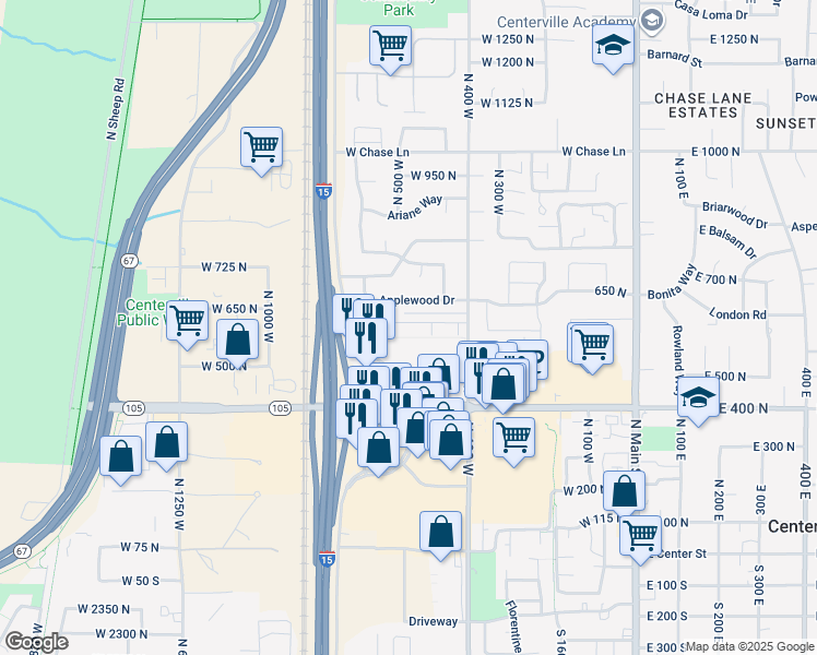 map of restaurants, bars, coffee shops, grocery stores, and more near 551 Applewood Drive in Centerville