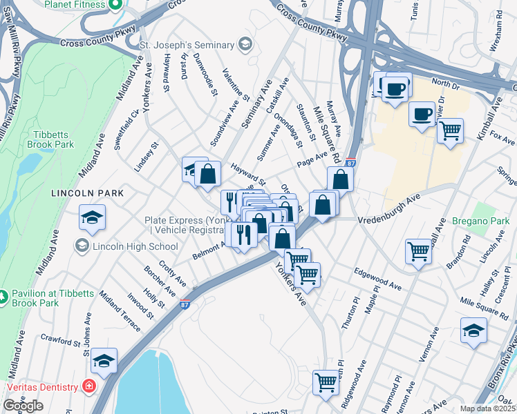 map of restaurants, bars, coffee shops, grocery stores, and more near 275 Hayward Street in Yonkers