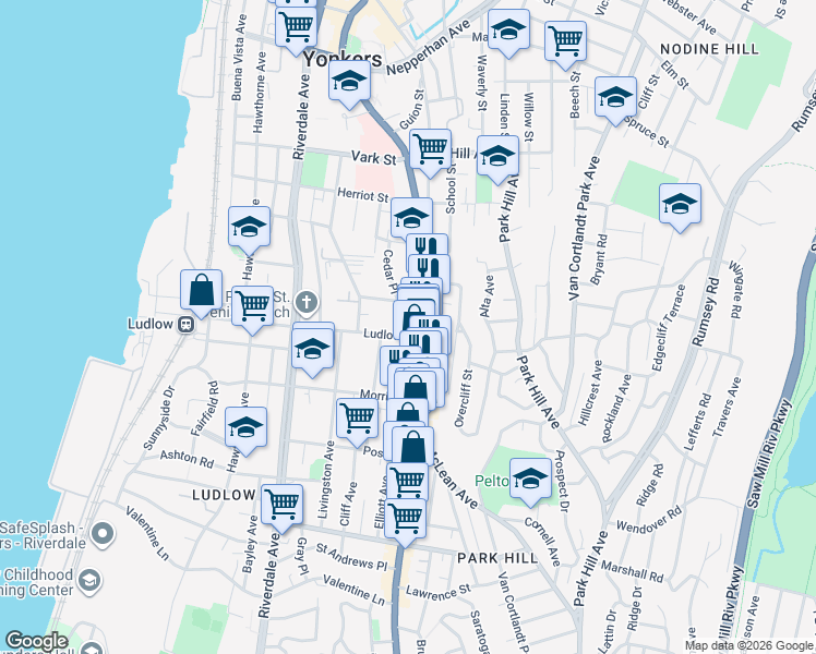 map of restaurants, bars, coffee shops, grocery stores, and more near 10 Highland Avenue in Yonkers