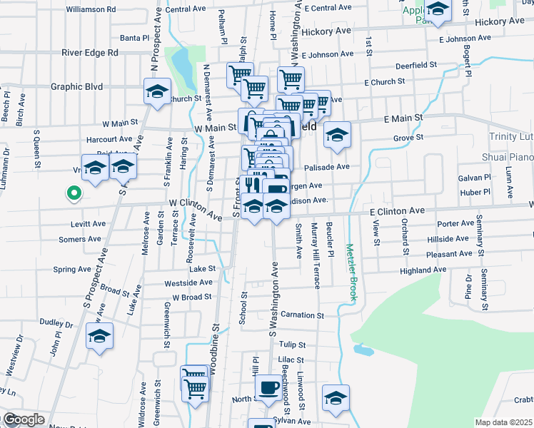 map of restaurants, bars, coffee shops, grocery stores, and more near 107 South Railroad Avenue in Bergenfield