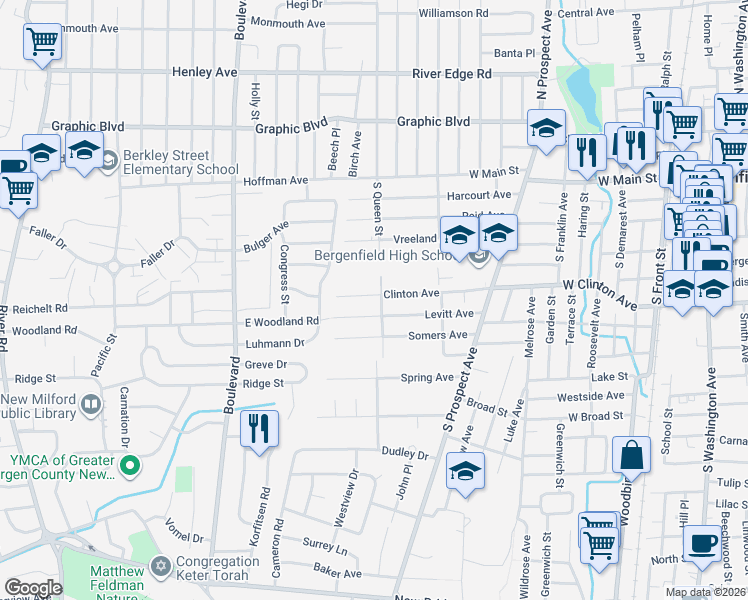 map of restaurants, bars, coffee shops, grocery stores, and more near 223 Clinton Avenue in Bergenfield