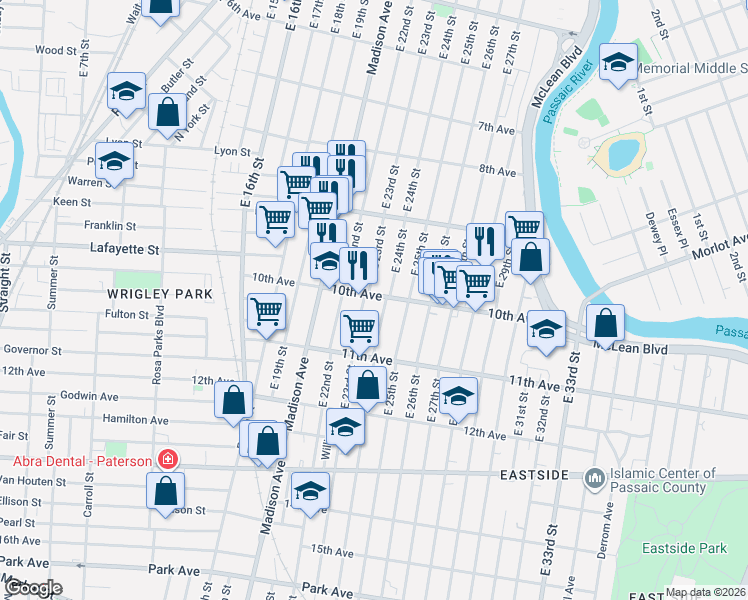 map of restaurants, bars, coffee shops, grocery stores, and more near 461 East 23rd Street in Paterson