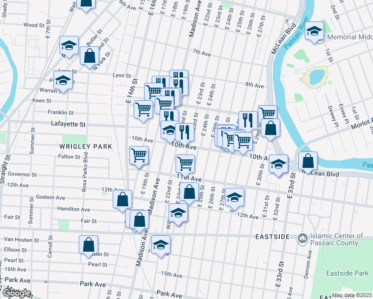map of restaurants, bars, coffee shops, grocery stores, and more near 461 East 23rd Street in Paterson