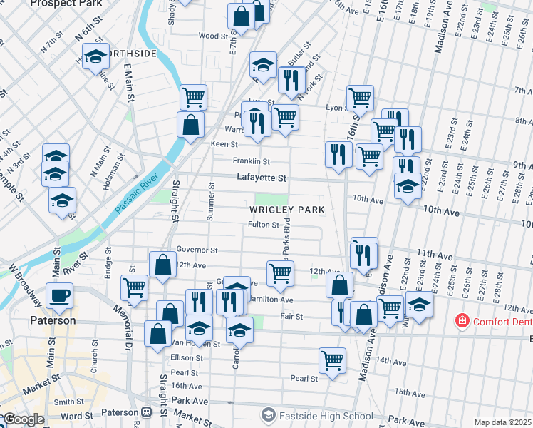 map of restaurants, bars, coffee shops, grocery stores, and more near 153 Montgomery Street in Paterson