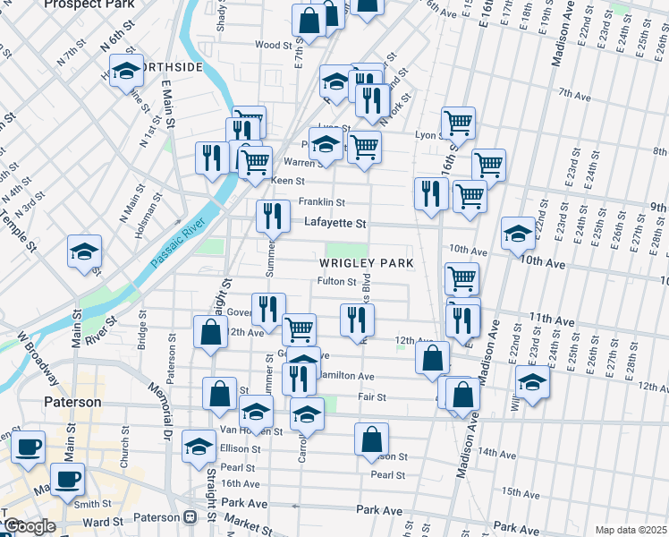 map of restaurants, bars, coffee shops, grocery stores, and more near 153 Montgomery Street in Paterson