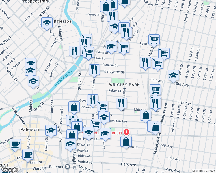 map of restaurants, bars, coffee shops, grocery stores, and more near 122 Montgomery Street in Paterson
