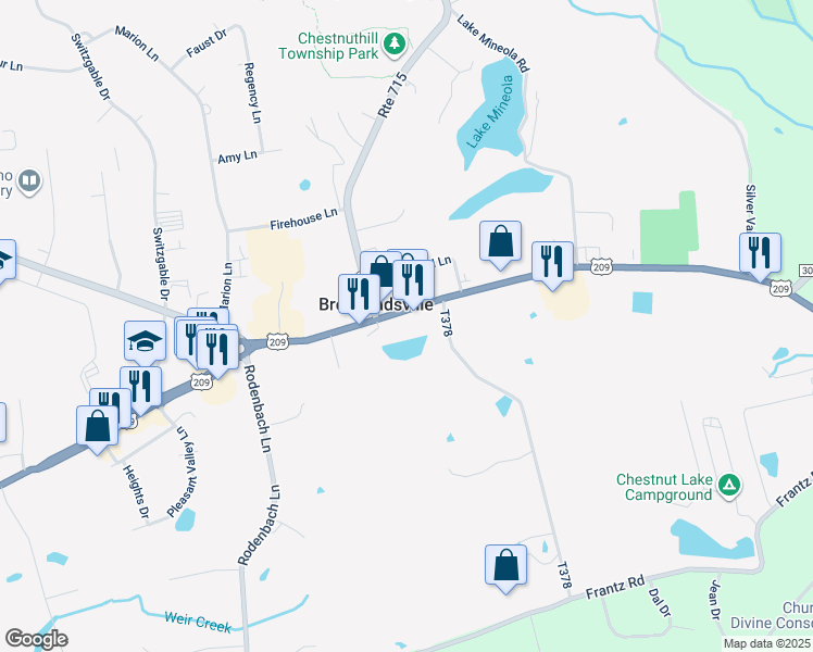 map of restaurants, bars, coffee shops, grocery stores, and more near 1781 U.S. 209 in Brodheadsville