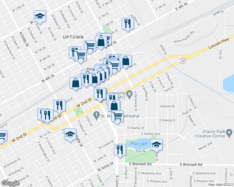 map of restaurants, bars, coffee shops, grocery stores, and more near 119 West 2nd Street in Grand Island
