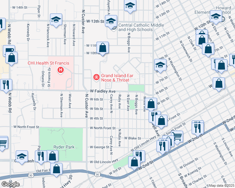 map of restaurants, bars, coffee shops, grocery stores, and more near 2112 West Faidley Avenue in Grand Island