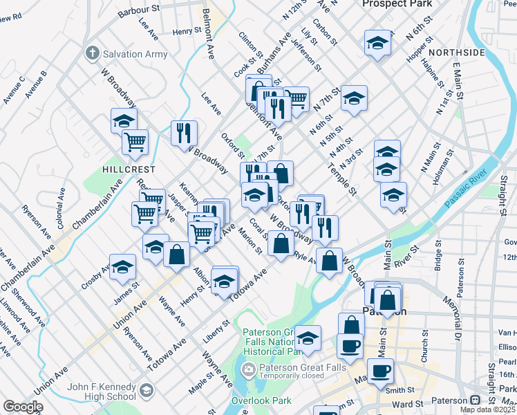 map of restaurants, bars, coffee shops, grocery stores, and more near 244 West Broadway in Paterson