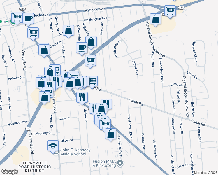 map of restaurants, bars, coffee shops, grocery stores, and more near 139 Davis Avenue in Port Jefferson Station