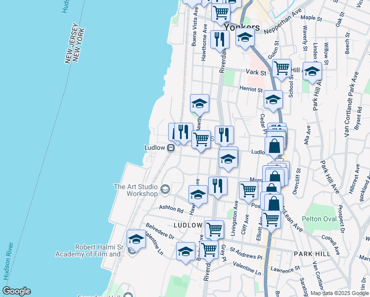 map of restaurants, bars, coffee shops, grocery stores, and more near 58 Knowles Street in Yonkers