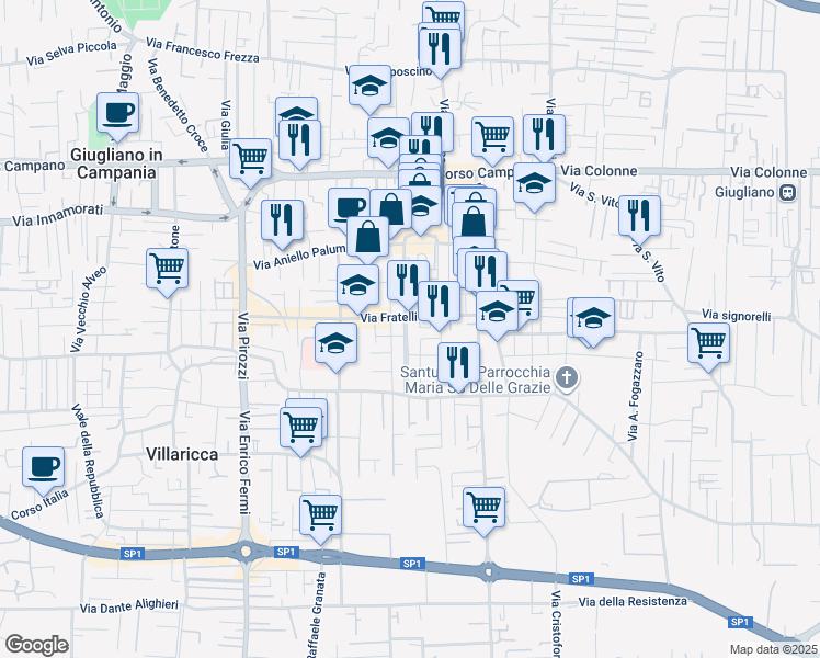 map of restaurants, bars, coffee shops, grocery stores, and more near Via Giacomo Brodolini in Giugliano In Campania