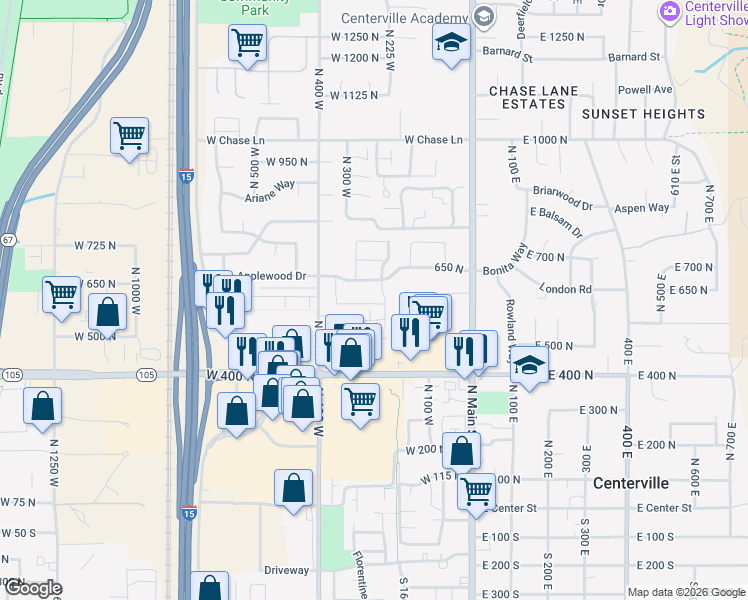 map of restaurants, bars, coffee shops, grocery stores, and more near 290 650 North in Centerville